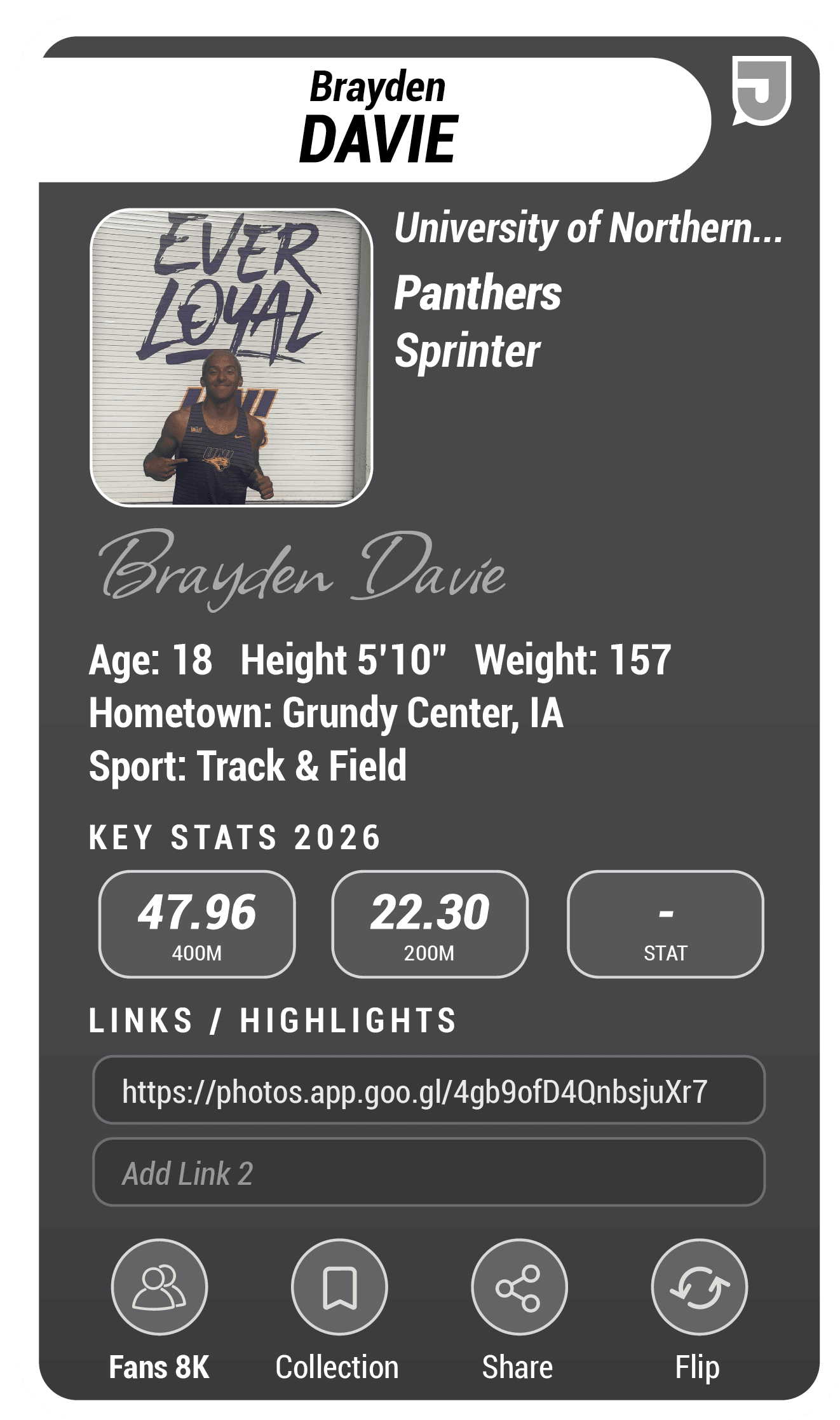 Featured athlete card back
